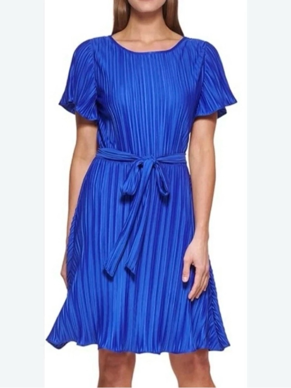 DKNY Womens Size 8 Cobalt Blue Pleated Dress Flutter Sleeve Tie Waist Belt